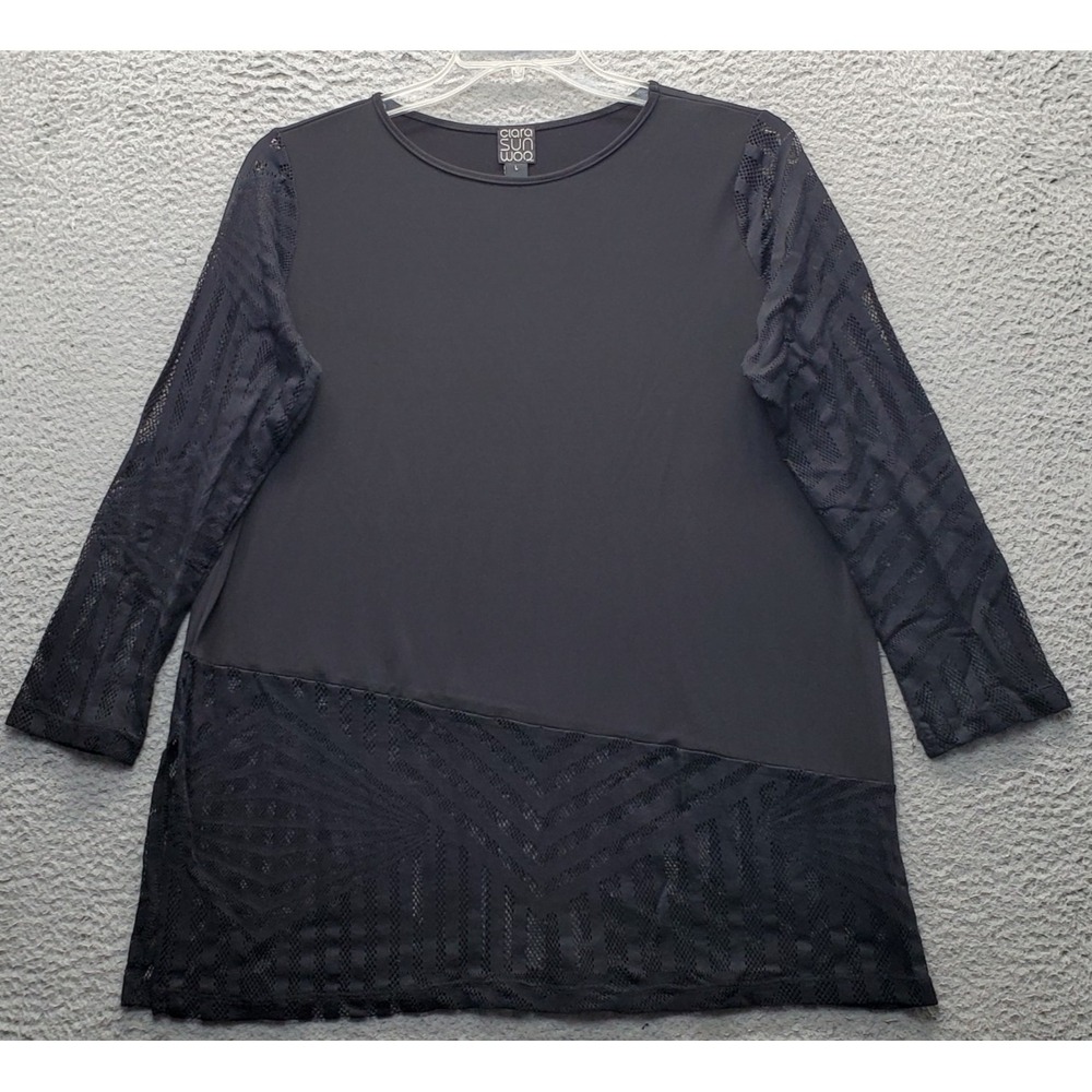 Clara Sunwoo Tunic Top Womens‎ Large Black Mesh Sleeve Side Slit Round Neck